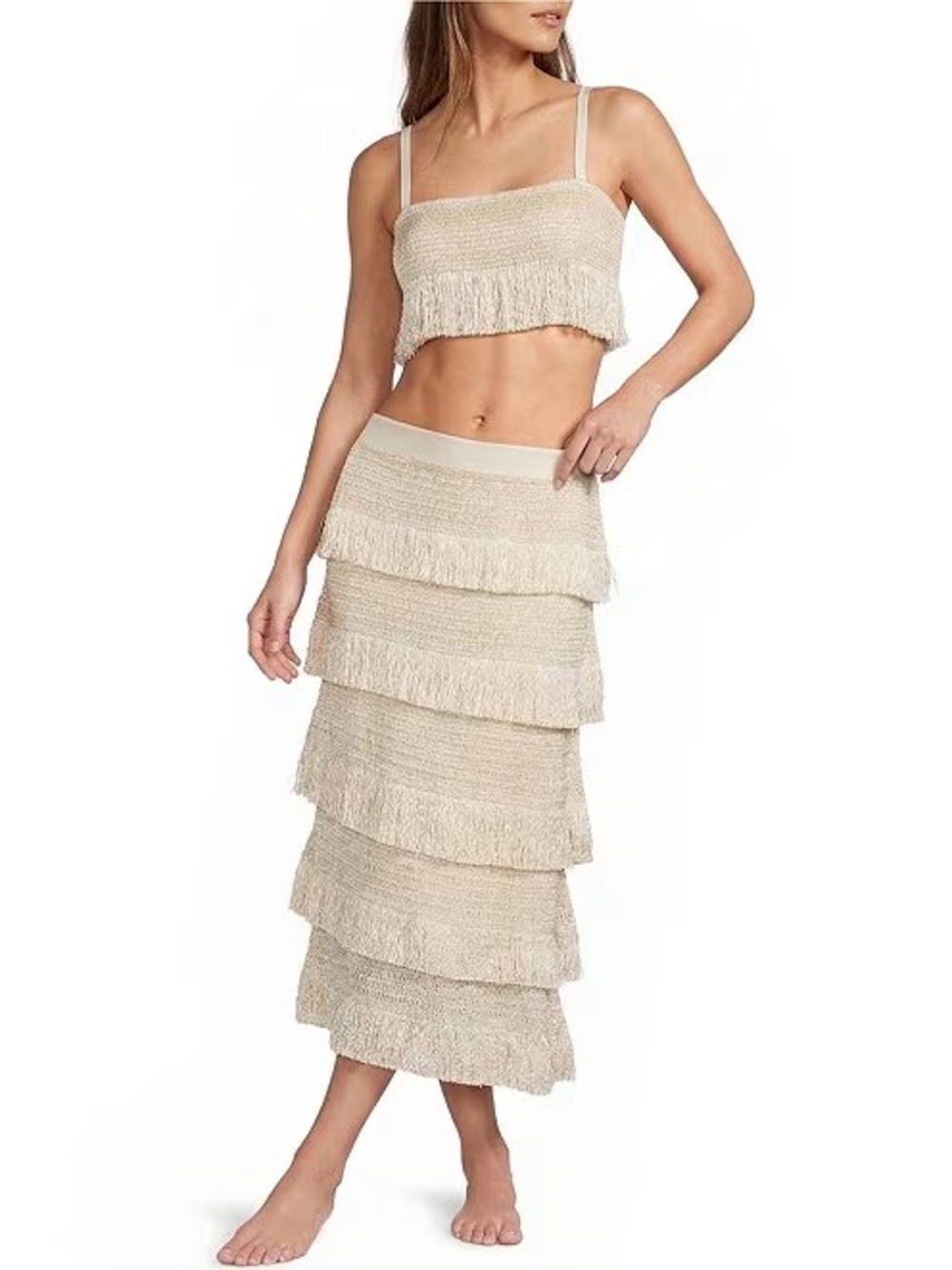 ANTONIO MELANI Cream Tiered Fringe Maxi Skirt NWOT